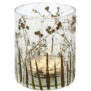 Windlicht Teelicht Halter Glas H=13cm Gras Gräser Blumen gold Kerze Laterne Deko