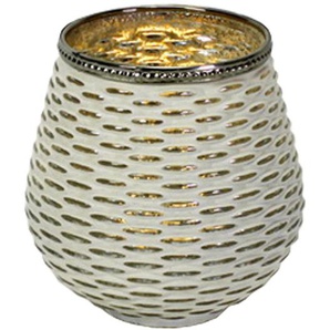 Windlicht Teelicht Halter Glas H=14cm Muster weiß gold Kerze Laterne Deko Tisch