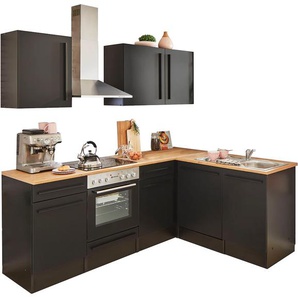 Winkelküche BASIC BY BALCULINA Jazz Komplettküchen-Sets Gr. B/H/T: 220 cm x 200 cm x 60 cm, ohne E-Geräte, schwarz (küche: schwarz, lanzelot eiche,, , arbeitsplatte: eiche) L-Küche ohne Elektrogeräte Stellbreite 220x175 cm, wahlweise mit E-Geräten