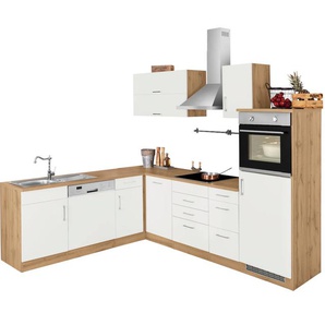 Winkelküche KOCHSTATION KS-Colmar, weiß (front: weiß, korpus: wotaneichfarben, arbeitsplatte: wotaneichfarben), B:210cm T:270cm, Komplettküchen-Sets, mit E-Geräten, Stellbreite 210/270 cm, Topseller