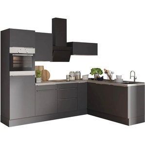 Winkelküche OPTIFIT Aken Komplettküchen-Sets Gr. B/T: 200 cm x 60 cm, links, grau (küche: anthrazit, o x id grau, korpus: arbeitsplatte: grau) L-Küche L-Küchen mit Elektrogeräte