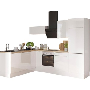 Winkelküche OPTIFIT Aken Komplettküchen-Sets Gr. B/T: 200 cm x 60 cm, rechts, weiß (küche: hochglanz, weiß, eiche struktur, korpus: eiche, arbeitsplatte: eiche) L-Küche ohne Elektrogeräte