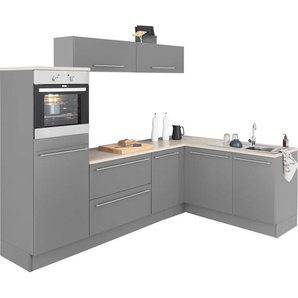 Winkelküche OPTIFIT Bern Komplettküchen-Sets Gr. B/T: 265 cm x 60 cm, mit E-Geräten, grau (küche: basaltgrau, akazie, front: arbeitsplatte: akazie) L-Küchen mit Elektrogeräte