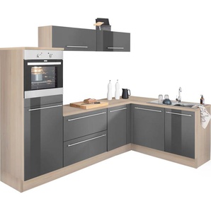 Winkelküche OPTIFIT Bern Komplettküchen-Sets Gr. B/T: 265 cm x 60 cm, mit E-Geräten, grau (küche: hochglanz, akazie, front: arbeitsplatte: akazie) L-Küchen mit Elektrogeräte