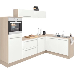 Winkelküche OPTIFIT Bern Komplettküchen-Sets Gr. B/T: 265 cm x 60 cm, ohne E-Geräte, weiß (küche: hochglanz, akazie, front: arbeitsplatte: akazie) L-Küchen mit Elektrogeräte