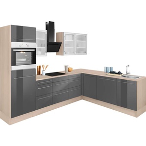 Winkelküche OPTIFIT Bern Komplettküchen-Sets Gr. B/T: 285 cm x 60 cm, ohne E-Geräte, grau (küche: hochglanz, akazie, front: korpus: grau, arbeitsplatte: akazie) L-Küchen mit Elektrogeräte