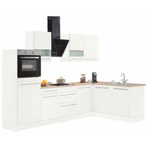 Winkelküche OPTIFIT Bern Komplettküchen-Sets Gr. B/T: 285 cm x 60 cm, ohne E-Geräte, weiß (küche: hochglanz, weiß, eiche hell, front: arbeitsplatte: hell) L-Küchen mit Elektrogeräte