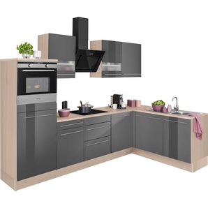 Winkelküche OPTIFIT Bern mit Hanseatic-E-Geräten Komplettküchen-Sets Gr. B/T: 285 cm x 60 cm, grau (küche: hochglanz, akazie, front: korpus: grau, arbeitsplatte: akazie) L-Küchen mit Elektrogeräte