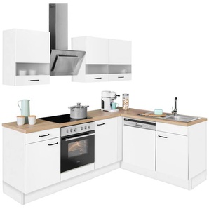 Winkelküche OPTIFIT Elga Komplettküchen-Sets Gr. B/T: 225 cm x 175 cm, weiß (küche: weiß, korpus: arbeitsplatte: nachbildung eiche, hell) L-Küche ohne Elektrogeräte