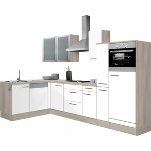Winkelküche OPTIFIT Kalmar Komplettküchen-Sets Gr. B/T: 300 cm x 175 cm, weiß (küche: weiß, korpus: eiche hell, arbeitsplatte: hell) L-Küche ohne Elektrogeräte