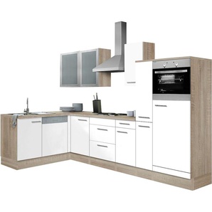 Winkelküche OPTIFIT Kalmar Komplettküchen-Sets Gr. B/T: 300 cm x 175 cm, weiß (küche: weiß, korpus: eiche hell, arbeitsplatte: hell) L-Küchen mit Elektrogeräte