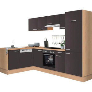 Winkelküche OPTIFIT Odense Komplettküchen-Sets Gr. B/T: 275 cm x 175 cm, grau (küche: anthrazit,, korpus: buchefarben, arbeitsplatte: buchefarben) L-Küche ohne Elektrogeräte Stellbreite 275 x 175 cm, mit 28 mm starker Arbeitsplatte