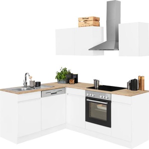 Winkelküche OPTIFIT Roth, weiß (front: weiß, korpus: weiß, arbeitsplatte: wildeichefarben), B:210cm T:60cm, Komplettküchen-Sets, L-Küche, Stellmaße 210x175 cm,wahlweise mit E-Geräten, Push-to-Open-Funktion, Topseller
