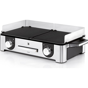 WMF Lono Master-Grill, Elektrogrill, 50 x 28 cm, Tischgrill elektro mit Windschutz und Auffangschale, Outdoor für Barbecue, 2 getrennt regulierbare Grillflächen, 2400 W, edelstahl matt 61.3024.5130