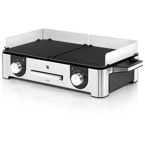 WMF Tischgrill, Schwarz, Silber, Metall, 28x18x50 cm, herausnehmbare Fettauffangschale, Warmhalteplatte, antihaftbeschichtet, Windschutz,