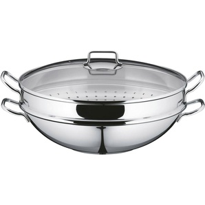 WMF Wok Wokpfanne Macao 36 cm, Induktion, Cromargan® Edelstahl Rostfrei 18/10 (Set, 4-tlg., 1 x Wok mit Glasdeckel, Dämpfeinsatz, Rezeptheft), für alle Herdarten geeignet, scharfes Anbraten bei hohen Temperaturen
