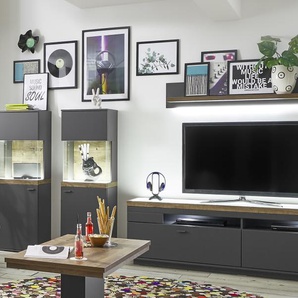 Wohnkombination Lancaster, anthrazit, Eiche Ribbeck Cognac Nachbildung, inkl. LED-Beleuchtung