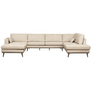 Wohnlandschaft Beige/Creme Strukturstoff Talta 371 x 81 x 219cm Longchair davorstehend links / Ottomane rechts Retro