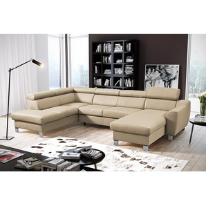 Wohnlandschaft Burnside I Beige/Warmes Beige Kunstleder 315 x 76 x 206cm Longchair davorstehend rechts / Ottomane links mit Schlaffunktion