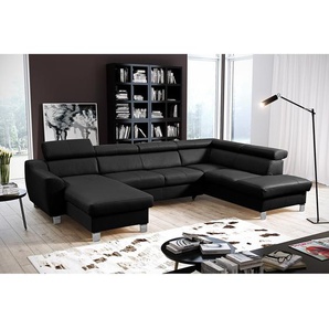 Wohnlandschaft Burnside I Schwarz/Schwarz Kunstleder 315 x 76 x 206cm Longchair davorstehend links / Ottomane rechts mit Schlaffunktion Modern