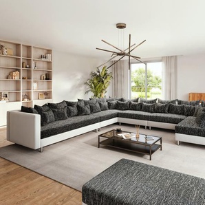 Wohnlandschaft Clovis XXL Weiss Schwarz mit Hocker Ottomane Links, Design Wohnlandschaften, Couch Loft, Modulsofa, modular