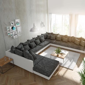 Wohnlandschaft Clovis XXL Weiss Schwarz mit Hocker Ottomane Rechts, Design Wohnlandschaften, Couch Loft, Modulsofa, modular
