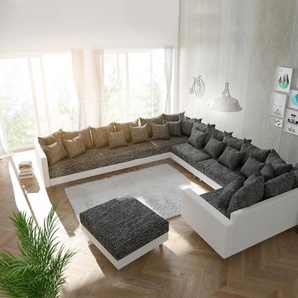 Wohnlandschaft Clovis XXL Weiss Schwarz mit Hocker und Armlehne Ottomane Links, Design Wohnlandschaften, Couch Loft, Modulsofa, modular