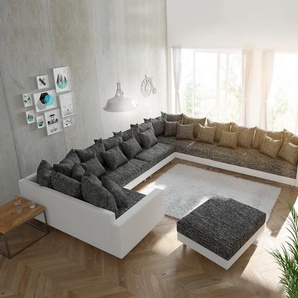 Wohnlandschaft Clovis XXL Weiss Schwarz mit Hocker und Armlehne Ottomane Rechts, Design Wohnlandschaften, Couch Loft, Modulsofa, modular