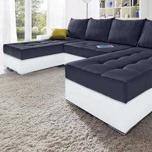 Wohnlandschaft COLLECTION AB Josy Sofas Gr. B/H/T: 313 cm x 84 cm x 161 cm, Kunstleder SOFTLUX-Struktur, Recamiere beidseitig montierbar, mit Bettfunktion-mit Bettkasten-mit Federkern, schwarz-weiß (weiß, schwarz) Wohnlandschaften inkl. Bettfunktion,