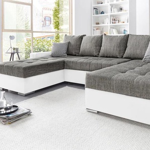 Wohnlandschaft COLLECTION AB Sofas Gr. B/H/T: 331 cm x 84 cm x 161 cm, Kunstleder SOFTLUX-Struktur, Recamiere beidseitig montierbar, XXL-mit Bettfunktion-mit Bettkasten, grau (weiß, grau) Wohnlandschaften Sofas mit Bettfunktion, Bettkasten, links oder