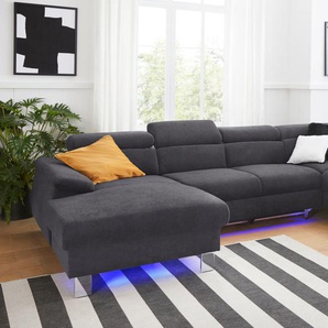 Wohnlandschaft COTTA Komaris U-Form Sofas Gr. B: 320 cm, Feinstruktur, Ottomane rechts, mit Bettfunktion-mit Bettkasten-mit RGB-LED-Beleuchtung-mit Kopfteilverstellung, grau (grey) Sofas mit LED