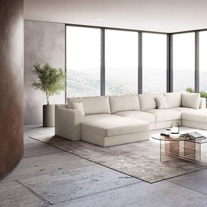 Wohnlandschaft Beige/Kaschmir Webstoff Palila 434 x 90 x 199cm Longchair davorstehend links / Ottomane rechts Modern