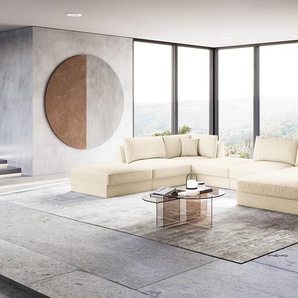 Wohnlandschaft mit Hocker Beige/Creme Webstoff Palila 432 x 90 x 293cm Longchair davorstehend rechts / Ottomane links Modern