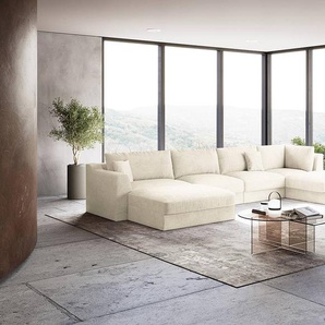 Wohnlandschaft Weiß Cordstoff Lizza 432 x 90 x 199cm Longchair davorstehend links / Ottomane rechts Modern
