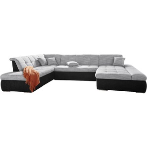 Wohnlandschaft DOMO COLLECTION PB Moric Sofas Gr. B/H/T: 353 cm x 80 cm x 95 cm, Microfaser PRIMABELLE-Struktur, Recamiere rechts, ohne Funktion, silberfarben (schwarz, silber) Wohnlandschaften XXL, wahlweise mit Bettfunktion und Armteilverstellung, frei
