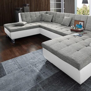 Wohnlandschaft DOMO COLLECTION Treviso incl. Zierkissen, moderne Steppung, XXL: B/T/H: 364/201/83 cm Sofas Gr. B/H/T: 364 cm x 83 cm x 201 cm, Kunstleder SOFTLUX-Struktur, Recamiere rechts, ohne Bettfunktion, weiß (weiß, pepper) Wohnlandschaften wahlweise