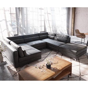 Wohnlandschaft Elio 300x185 cm Lederimitat Vintage Anthrazit mit Hocker, Wohnlandschaften