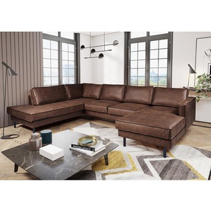 Wohnlandschaft Braun Microfaser Yaka 328 x 80 x 225cm Longchair davorstehend rechts / Ottomane links ohne Schlaffunktion Industrial