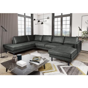 Wohnlandschaft Schwarz Microfaser Yaka 328 x 80 x 225cm Longchair davorstehend rechts / Ottomane links ohne Schlaffunktion Industrial
