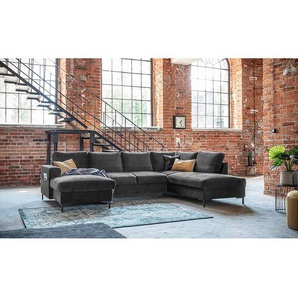 Wohnlandschaft Grau/Vintage Braun Samt Krysia 303 x 84 x 197cm Longchair davorstehend links / Ottomane rechts mit Schlaffunktion