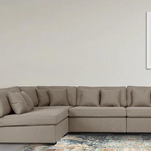 Wohnlandschaft GUIDO MARIA KRETSCHMER HOME&LIVING Skara U-Form Sofas Gr. B/H/T: 390 cm x 86 cm x 190 cm, Struktur (recyceltes Polyester), Ottomane rechts, grau (hellgrau) Wohnlandschaften