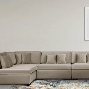 Wohnlandschaft GUIDO MARIA KRETSCHMER HOME&LIVING Skara U-Form Sofas Gr. B/H/T: 390 cm x 86 cm x 190 cm, Samtoptik, Ottomane rechts, beige (dunkelbeige) Wohnlandschaften Lounge-Sofa mit Federkernpolsterung, in vielen Bezugsvarianten