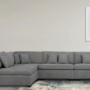 Wohnlandschaft GUIDO MARIA KRETSCHMER HOME&LIVING Skara U-Form Sofas Gr. B/H/T: 390 cm x 86 cm x 190 cm, Struktur weich, Ottomane rechts, grau (hellgrau) Wohnlandschaften Lounge-Sofa mit Federkernpolsterung, in vielen Bezugsvarianten