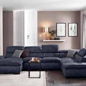 Wohnlandschaft HOME AFFAIRE Alberto U-Form, blau (dunkelblau), B:350cm H:73cm T:228cm, 100% Polyester, Microfaser in Antiklederoptik (100% Polyester), Luxus-Microfaser Vintageoptik (100% Polyester), Luxus-Microfaser weich (90%Polyester 10%Polyamid),