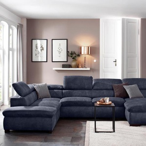 Wohnlandschaft HOME AFFAIRE Alberto U-Form, blau (dunkelblau), B:350cm H:73cm T:228cm, 100% Polyester, Microfaser in Antiklederoptik (100% Polyester), Luxus-Microfaser Vintageoptik (100% Polyester), Luxus-Microfaser weich (90%Polyester 10%Polyamid),