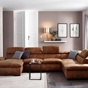 Wohnlandschaft HOME AFFAIRE Alberto U-Form, braun (cognac), B:350cm H:73cm T:228cm, 100% Polyester, Microfaser in Antiklederoptik (100% Polyester), Luxus-Microfaser Vintageoptik (100% Polyester), Luxus-Microfaser weich (90%Polyester 10%Polyamid), Sofas,