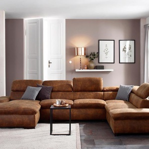 Wohnlandschaft HOME AFFAIRE Alberto U-Form, braun (cognac), B:350cm H:73cm T:228cm, 100% Polyester, Microfaser in Antiklederoptik (100% Polyester), Luxus-Microfaser Vintageoptik (100% Polyester), Luxus-Microfaser weich (90%Polyester 10%Polyamid), Sofas,
