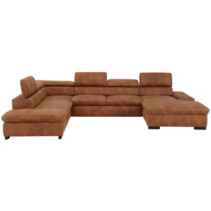 Wohnlandschaft HOME AFFAIRE Alberto U-Form, braun (cognac), B:350cm H:73cm T:228cm, 100% Polyester, Microfaser in Antiklederoptik (100% Polyester), Luxus-Microfaser Vintageoptik (100% Polyester), Luxus-Microfaser weich (90%Polyester 10%Polyamid), Sofas,