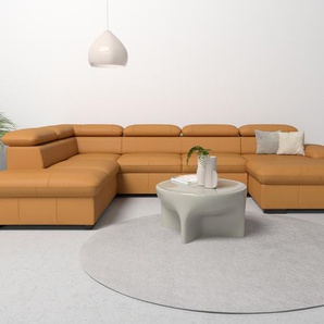 Wohnlandschaft HOME AFFAIRE Alberto U-Form, gelb (curry), B:350cm H:73cm T:228cm, Luxus-Microfaser in Lederoptik (100% Polyester), Microfaser in Antiklederoptik (100% Polyester), Luxus-Microfaser Vintageoptik (100% Polyester), Luxus-Microfaser weich