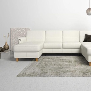 Wohnlandschaft HOME AFFAIRE Palmera U-Form Sofas Gr. B/H/T: 308 cm x 89 cm x 212 cm, NaturLEDER, Ottomane rechts, mit Bettfunktion-mit Bettkasten, weiß (reinweiß) Leder-Wohnlandschaft Federkern, wahlweise mit Bettfunktion und mitohne Stauraum